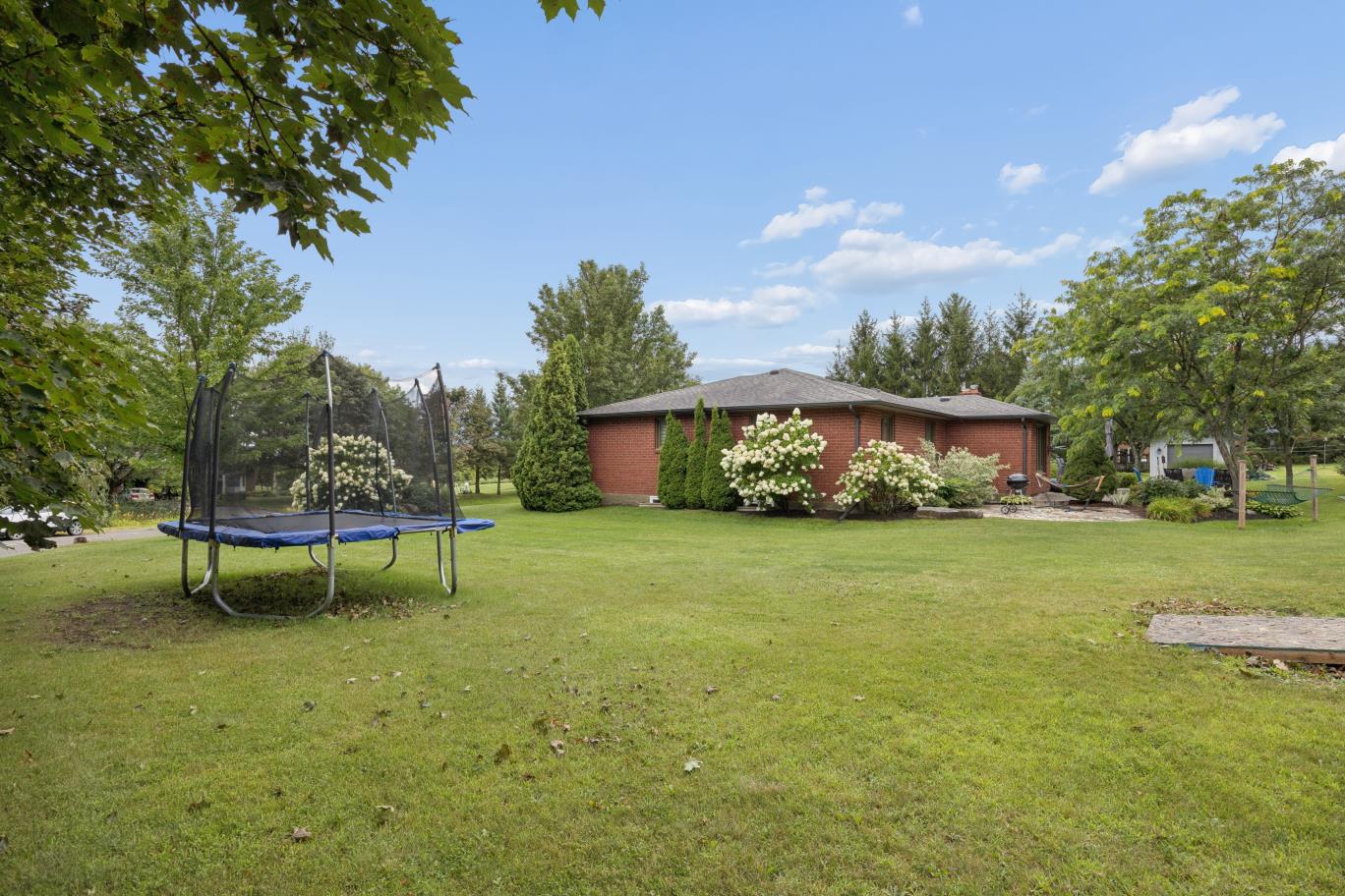 Rear yard of the all-brick ranch at 30 Potters Lane with mature trees